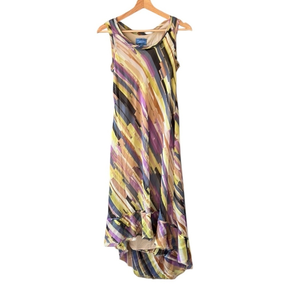 Vera Wang Sz S Vintage Y2K Silhouette Multicolor Chiffon Midi Dress Hi-Lo Hem